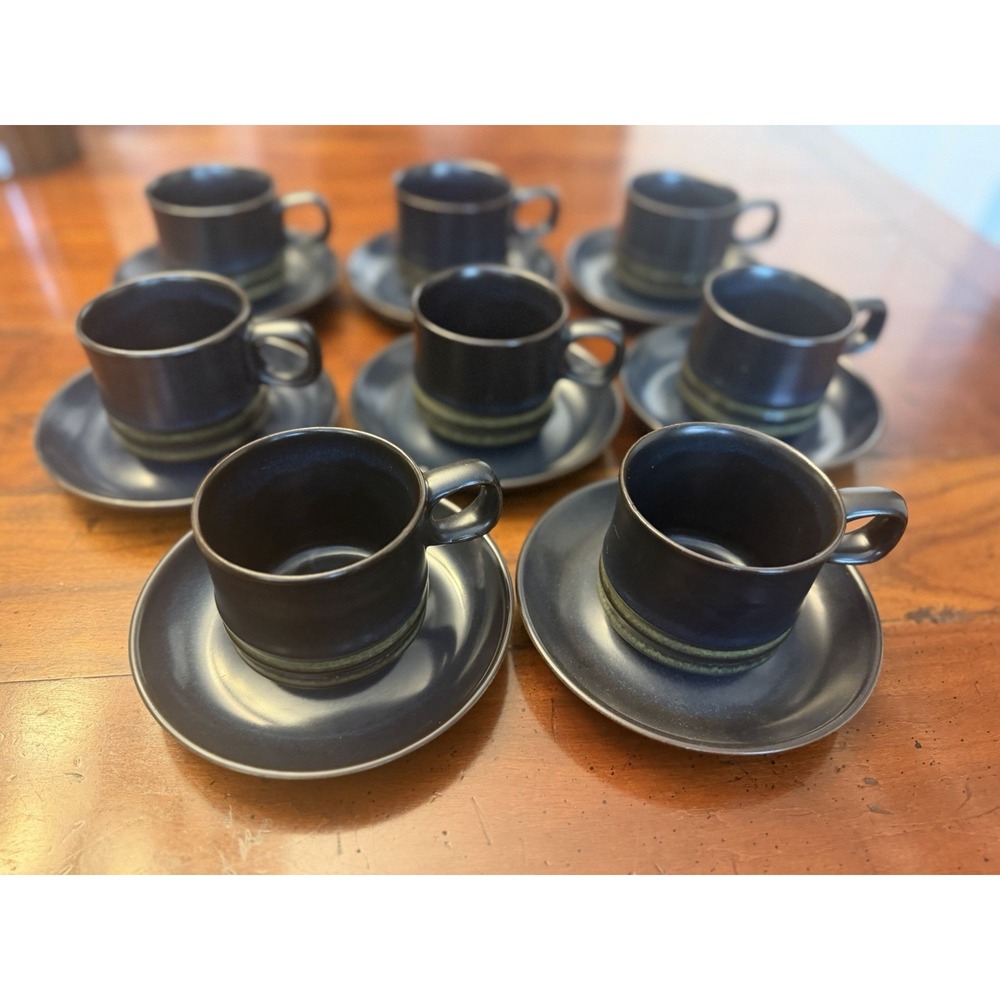 Set of 8 Denby Bokhara Kismet Blue Green Stoneware Coffee Cups & Saucers MCM